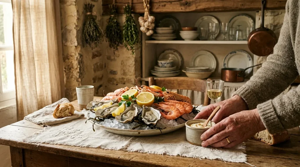Plateau fruits de mer avec huîtres, crevettes et citron frais
