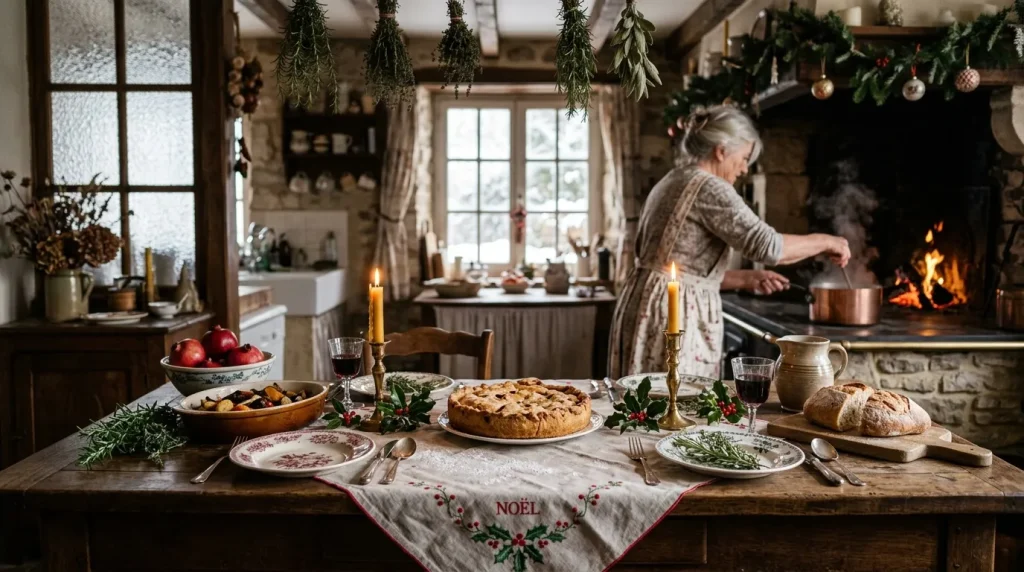 Cuisine rustique décorée pour Noël avec femme cuisinant près du foyer