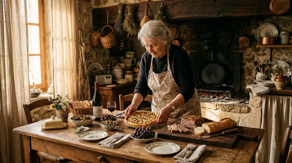 Femme âgée prépare un repas dans une cuisine rustique.
