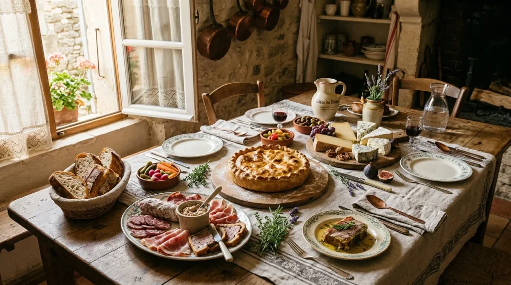 Table rustique avec charcuterie, fromage, pain et tarte.