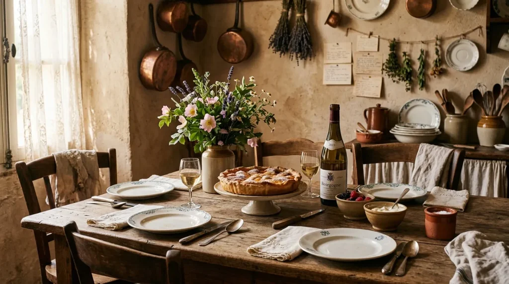 Table dressée rustique avec tarte, fleurs et vin blanc