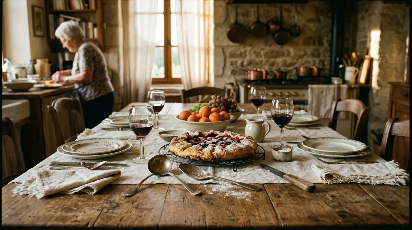Table rustique dressée avec tarte, fruits et vin rouge