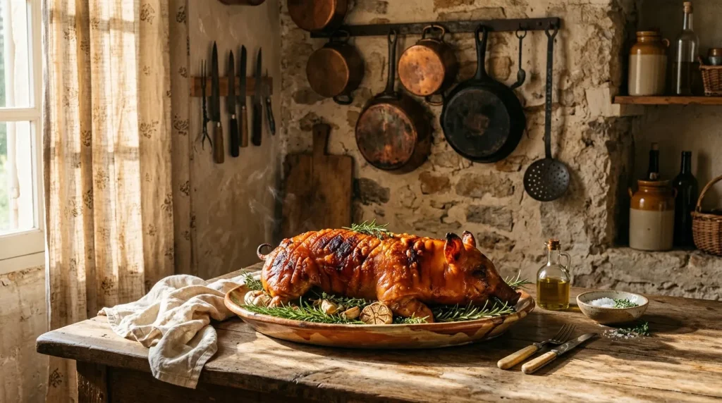 Rôti doré sur table bois, cuisine rustique avec ustensiles accrochés