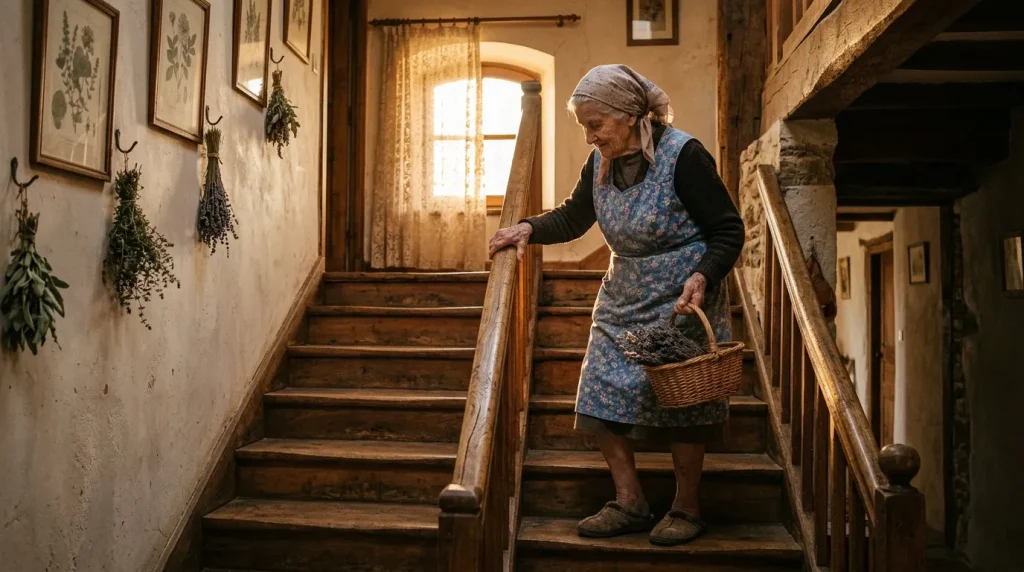Femme âgée avec panier montant escalier en bois