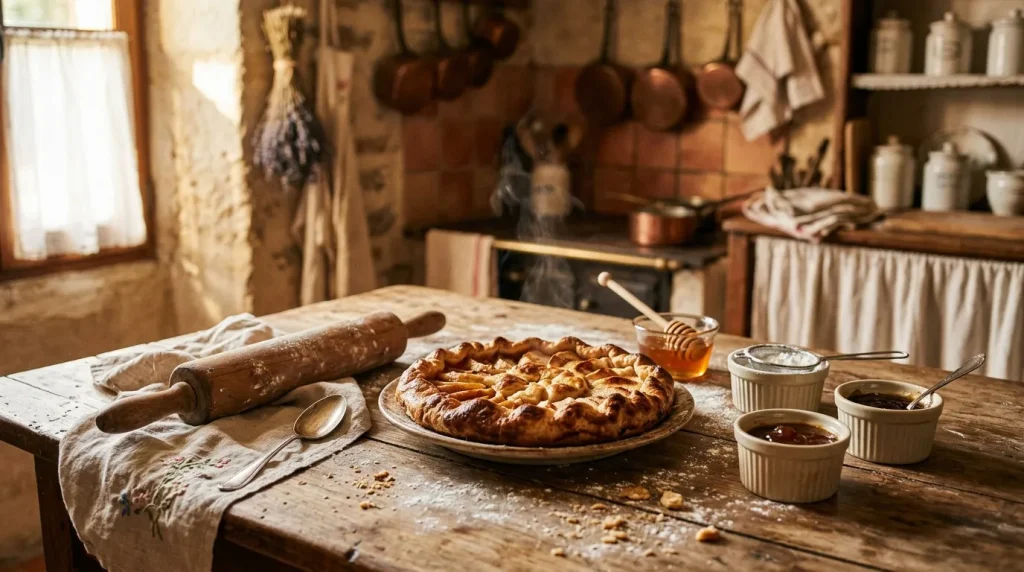 Tarte dorée avec rouleau, miel et ustensiles de cuisine rustique